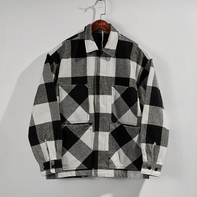 

Retro Japanese Sle Heavyweight Plaid Jaet Men's Loose oulder Drop oulder Sve Y Woolen Workwear Outerwear