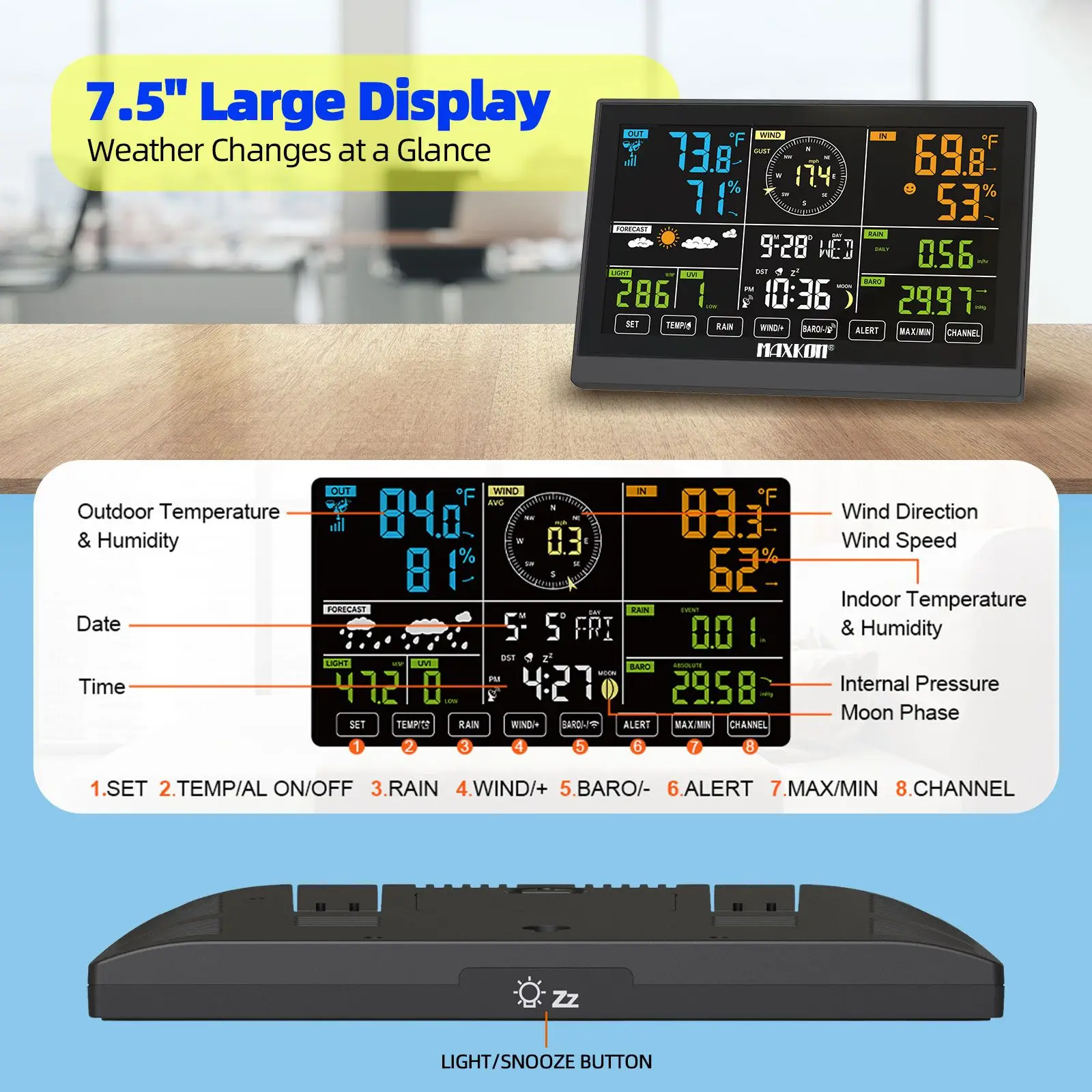 Maxkon 7 in 1 Wireless Weather Station Home Indoor Outdoor Sensor Temperature Humidity Rainfall Barometer Forecast Monitor