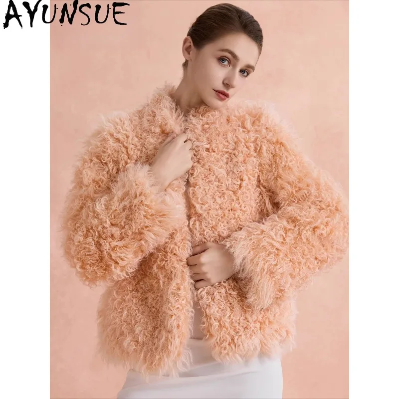 معطف فرو حقيقي من AYUNSUE معاطف شتوية فاخرة للنساء سترة من الجلد والفرو ملابس خارجية عالية الجودة ملابس نسائية Fourrure