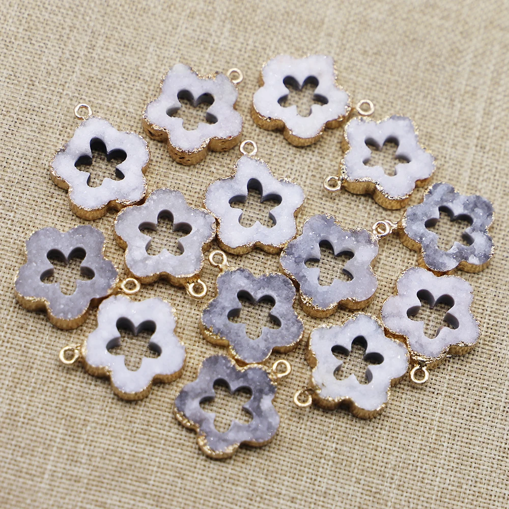New Natural Stone Druzy Agates Pendants Gold Plated Charms Plum Flower Shape DIY Jewelry Making Necklace Earring Wholesale 4Pcs