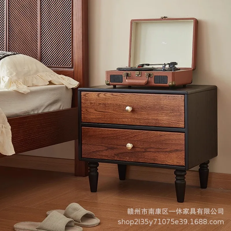 French retro wooden drawer type solid wood bedside table household organizing cabinet simple storage cabinet bedroom  low