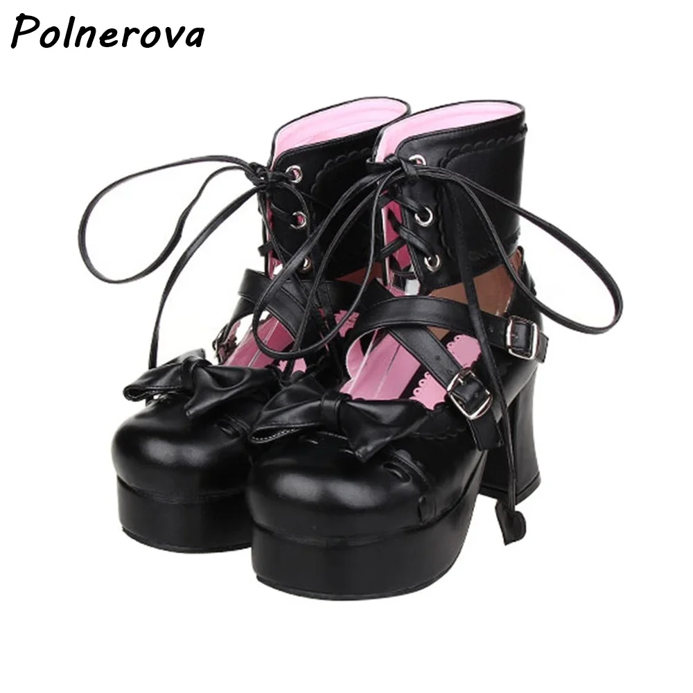 Gothic Lolita Plateau-Stiefeletten mit Schleife, Schnürung, Kreuzriemen, klobigem Absatz, Cosplay-Schuhe, Schnallen, Schwarz-Rosa Leder, Hohlschuhe