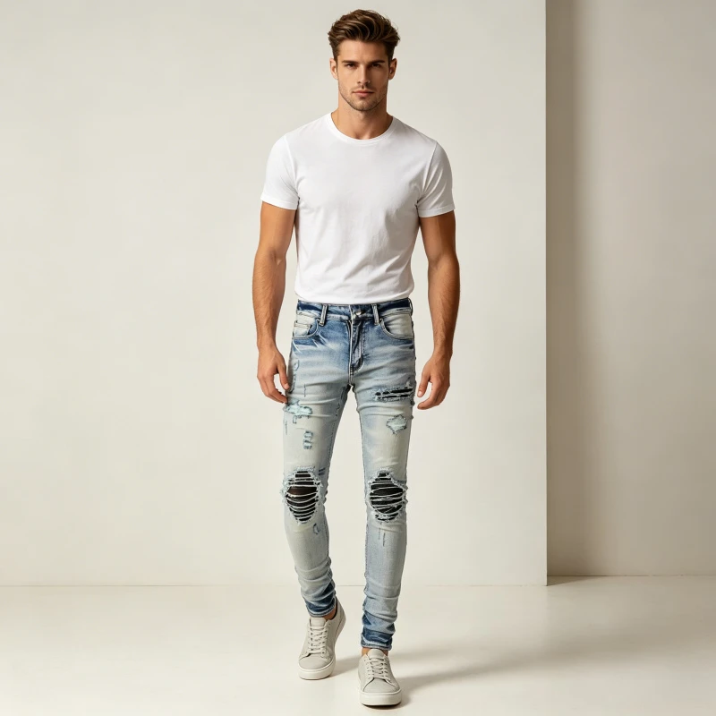 

Hole Jeans Men Washed Denim Pencil Pants Mid Waist 2026 Summer Streetwear Vintage Ankle Length Trousers Distressed Denims