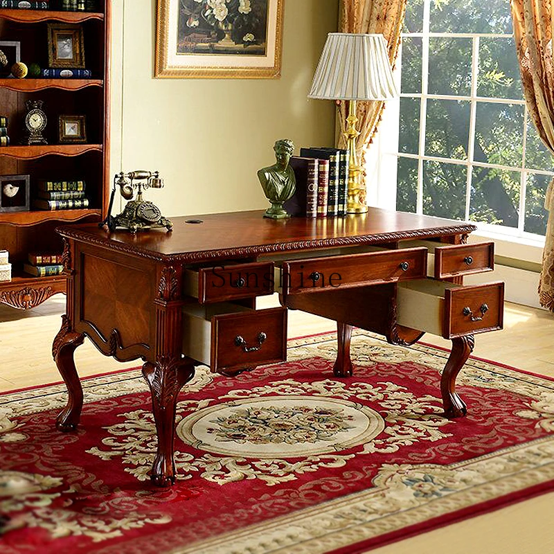 American solid wood desk home computer office rack combination writing desk chair