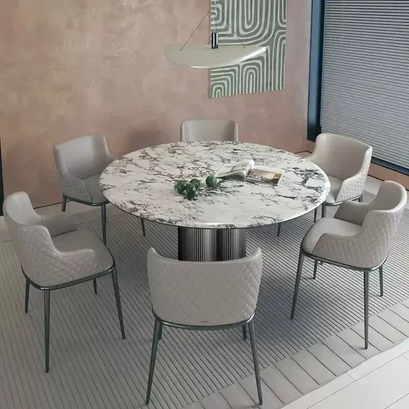 

Круглый мраморный обеденный стол с поворотным столом, небольшой бытовой стол из нержавеющей стали в итальянском стиле
