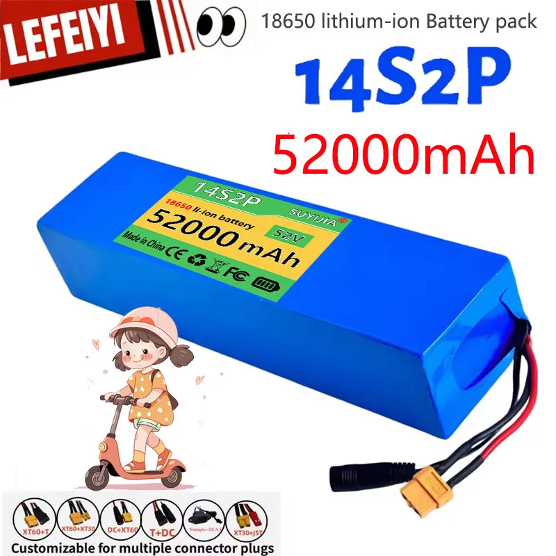 14S2P 52V 52000mAH Li-ion Battery Pack, 1500W, High Power for Bicycles, Scooters, Motorcycles, Built-in BMS+58.8V2A Charger
