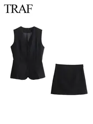 TRAF 2024 Spring Female Casual Sleeveless Waistcoat Elegant A-Line High Waist Mini Skirt Elegant 2 Piece Solid Black Chic Skirt