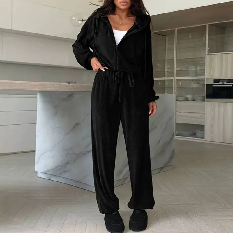 Einfaches, einfarbiges, goldenes Samt-Sport-Set aus 2 Teilen, lässige lange Hose, Damenanzug, Herbst-Kapuzenjacke mit Reißverschluss, Oberteil, lässiges Outfit.