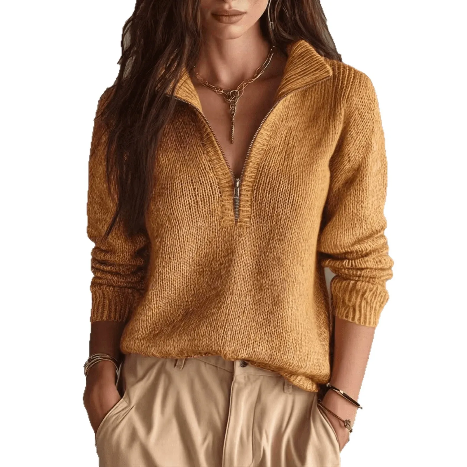 Women Fashion Half Zip Collar Knit Pullovers Sweater Stand Collar Long Sleeve Sweater Autumn Winter Solid Daily Clothing Tops 6