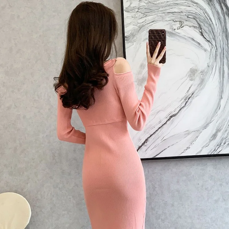 Sweater Dress Woman Autumn Winter 2024 Female Knit Dresses Casual Midi Bodycon Wrap Sexy For Fall And Winter Pink High Quality