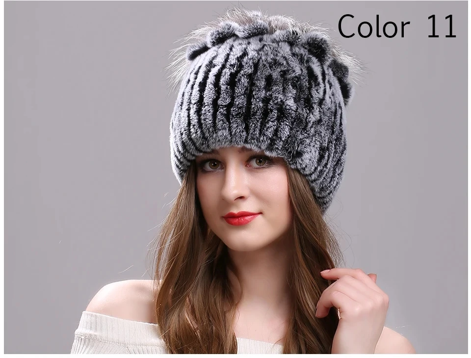 Strickmütze für Damen, 100 % echte Rex-Kaninchenfellmütze mit Blumen, Oberteile, warme, hochwertige Beanie-Damenmütze aus echtem Pelz für den Winter – Detail 29
