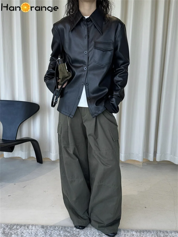 سترة HanOrange 2026 أوائل الربيع بياقة كبيرة من البولي يوريثان للنساء مخطط فضفاض باللون الأسود