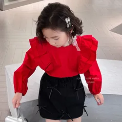 Girls Shirt 2024 Autumn New Childrens Clothing Korean Baby Girl Foreign Red Ruffled Princess Style Design Shirt Casual Simple