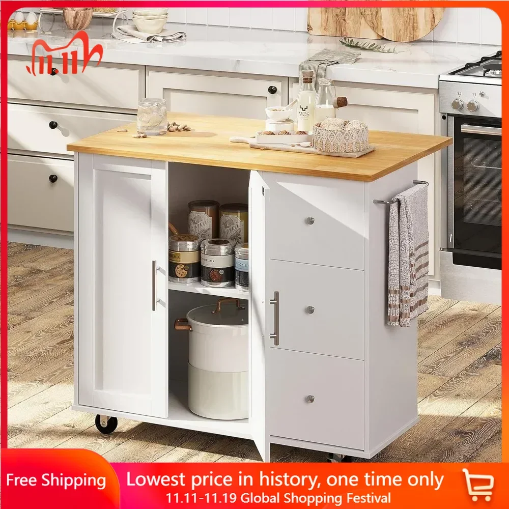 Kitchen Cart with Folding Drop Leaf Breakfast Bar, Portable Trolley Island with Large Storage Cabinet, Kitchen Cart