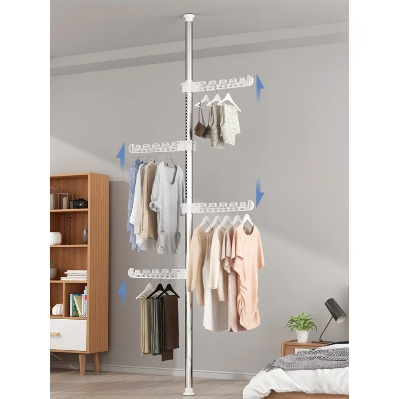 Tension Pole Clothes Rack Floor to Ceiling Adjustable Drying Stand No Drill Space-Saving Garment Organizer for Bedroom Balcony