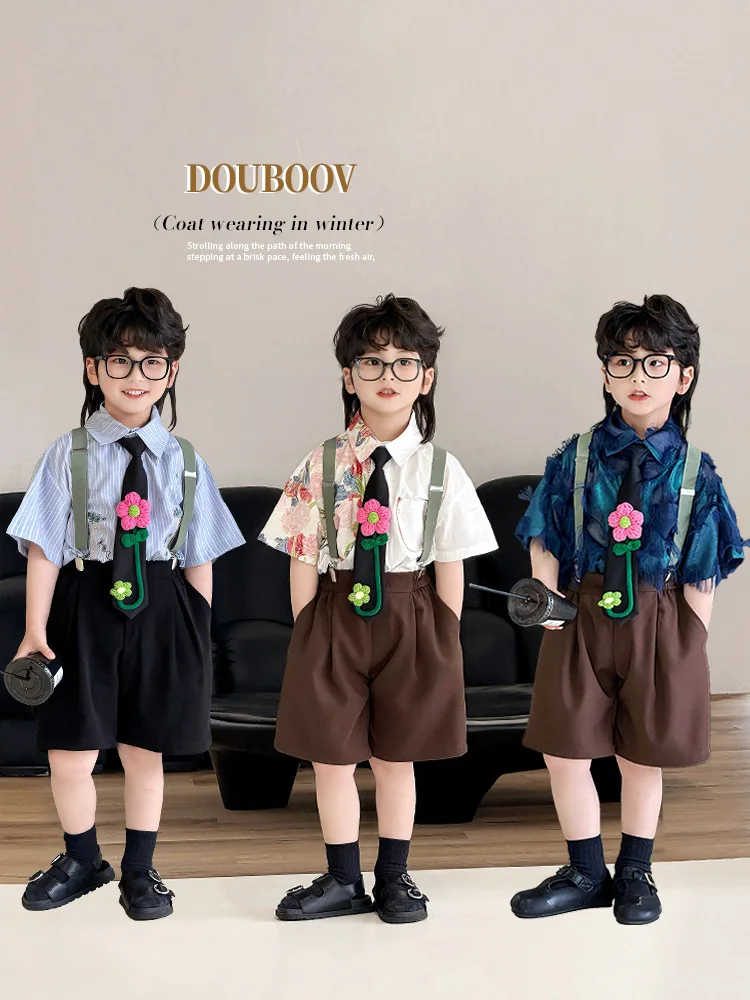 3 PCS set Summer Boy Clothing Set Floral Shirt+overalls + Tie Kid Children baby toddler boy korea Handsome Suits clothes 2-9 yea