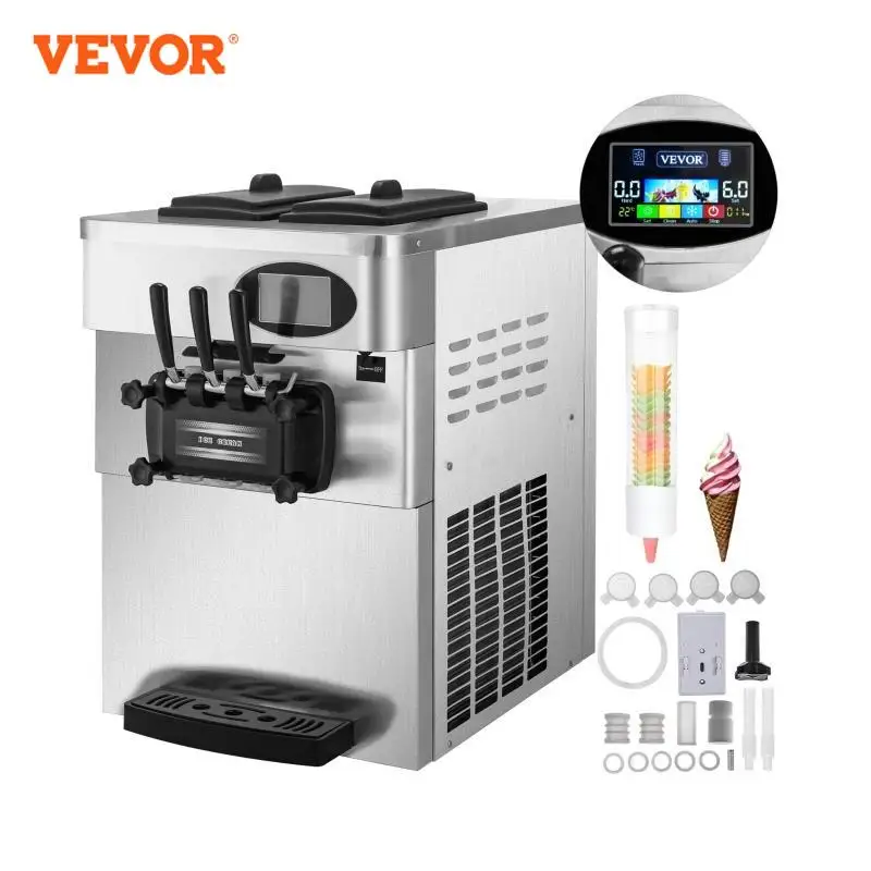 VEVOR 20-28L/H Soft Ice Cream Maker Commercial Countertop Tricolor 2+1 Flavors Sweet Cones Freezing Equipment Vending Machine