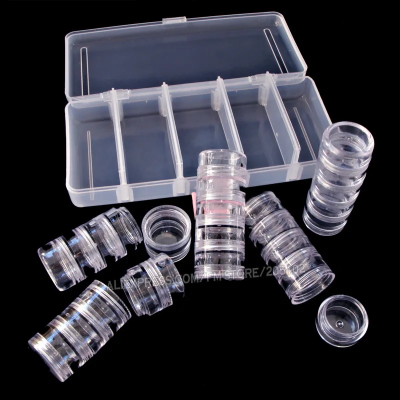 Nail Art Accessory Round Box Set, Tiny clear bottles with screw cap for DIY Cosmetics Nails Jewelry beads Crafts containers case