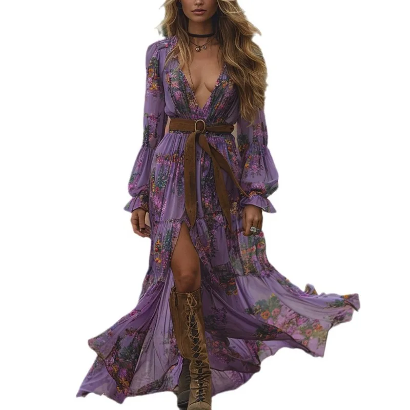 2025 Vestido de manga larga con cuello en V y estampado bohemio floral más vendido con detalles de volantes y cintura ahumada | Vestido maxi bohemio sexy