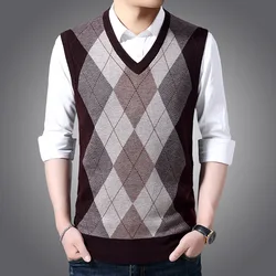 4 Color Autumn and Winter New Men's Wool Vest Knitted Waistcoat Middle-aged Men's Thick Sweater