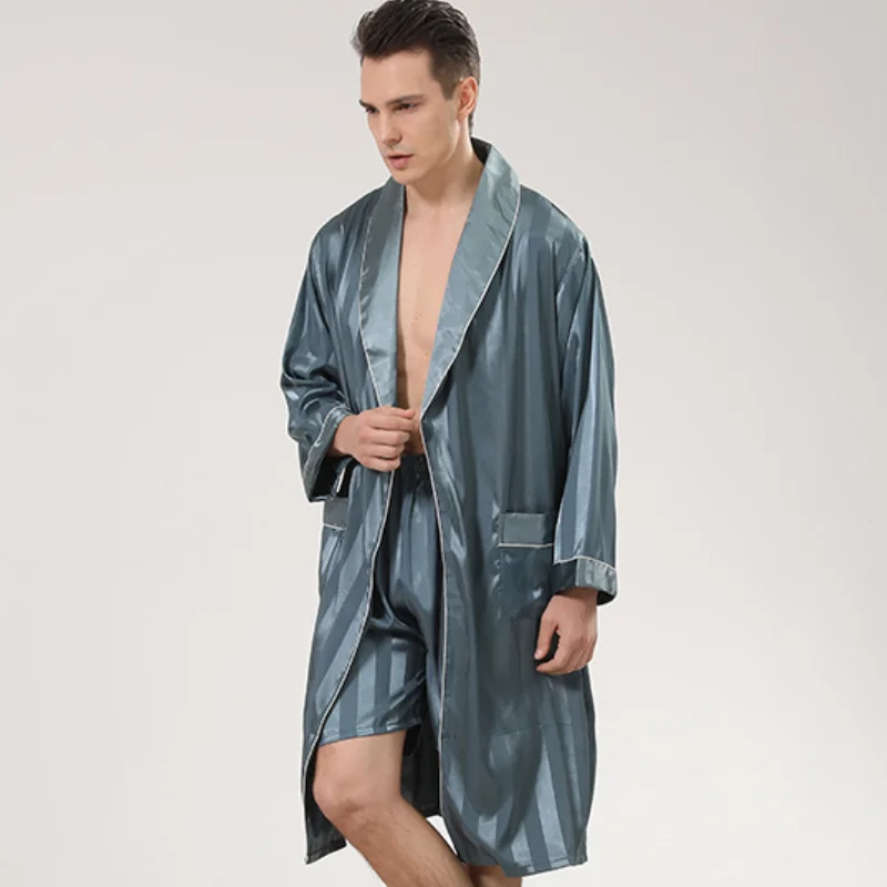 

Lapel Kimono Robe Gown Set Men Pajamas Suit With Shorts Satin Sleepwear Home Clothes Rayon Male Nightgown Lounge Wear