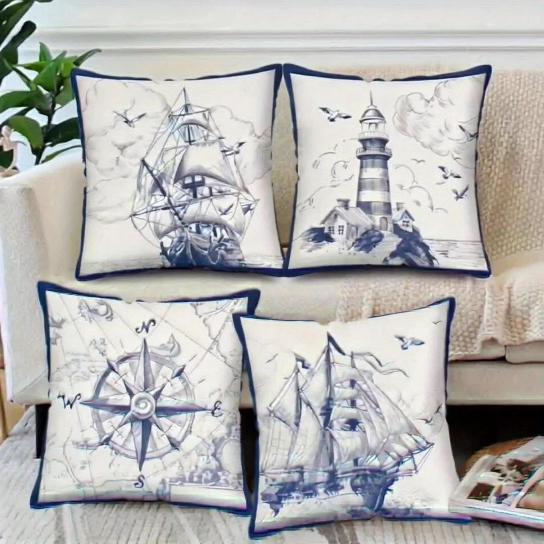 

4pcs Sailing Boat Printed Pillow Cover, Home Decoration Pillowcase, Living Room Sofa Decoration Pillowcase