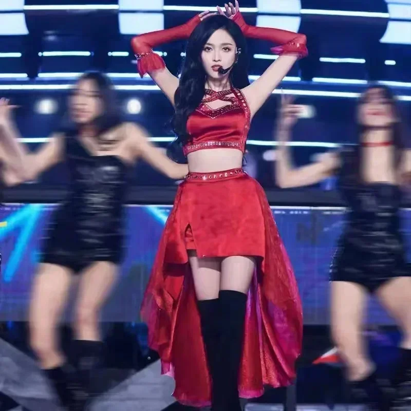 Kpop koreańska piosenkarka kobiety taniec jazzowy czerwone ubrania klub nocny seksowne topy spódnica kostium sceniczny odzież do tańca hip-hopowego