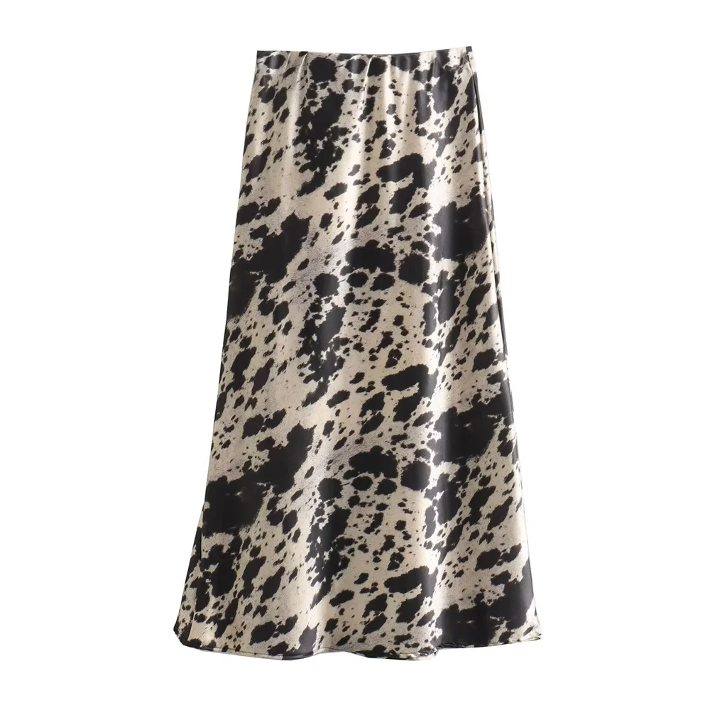 2024ZAR * Spring/Summer Hot Selling New Women\'s Animal Pattern Printed Silk Satin Texture and Versatile Midi Skirt