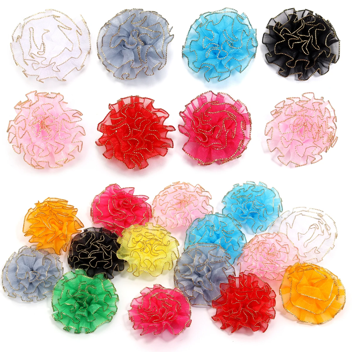 10Pcs/Lot 5cm Multicolor Golden Border Snow Gauze Carnation Handmade Flowers For DIY Clothing Jewelry Decoration Accessories