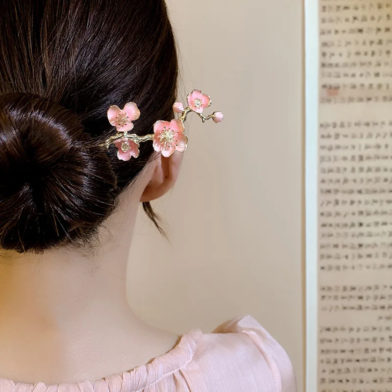 Pink Plum Blossom Hair Stick Chinese Hairpin For Women Cheongsam Decor Hair Jewelry Lady Hanfu Party Hair Clasp Chopstick