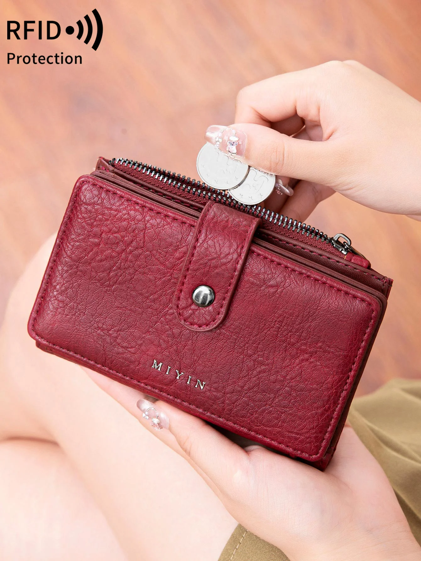MIYIN RFID anti-theft brush retro three fold women\'s short wallet PU leather multi card slot wallet multifunctional zero wallet