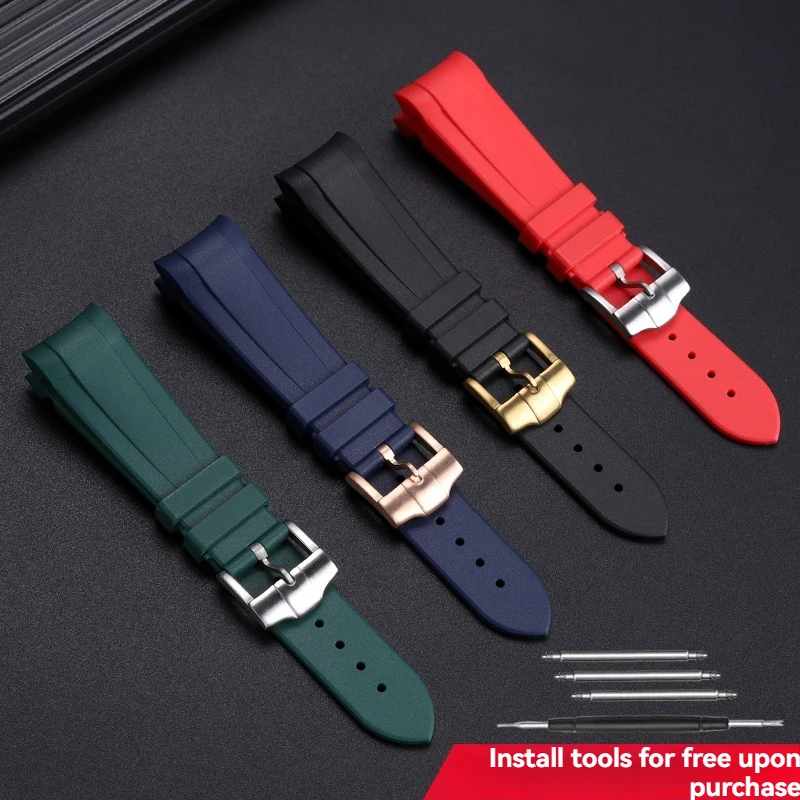 Correa de reloj de goma con extremo curvado de 22 mm para Tudor Black Bay 58 Bronze – Correa de silicona suave, patrón floral rojo, resistente al agua y duradera