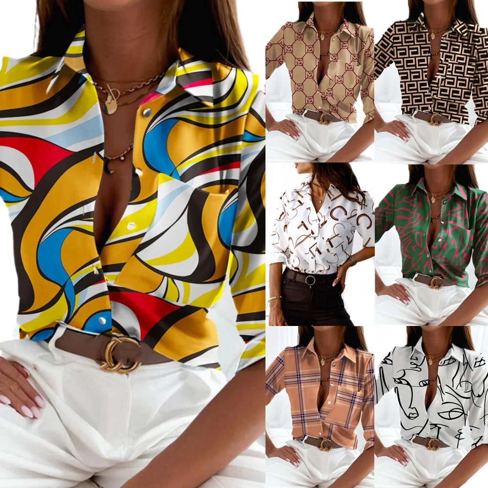 

Spring/Summer Women's Long Sleeved Shirt Fashion Printed Lapel Holiday Casual Shirt Elegant Women's Shirt