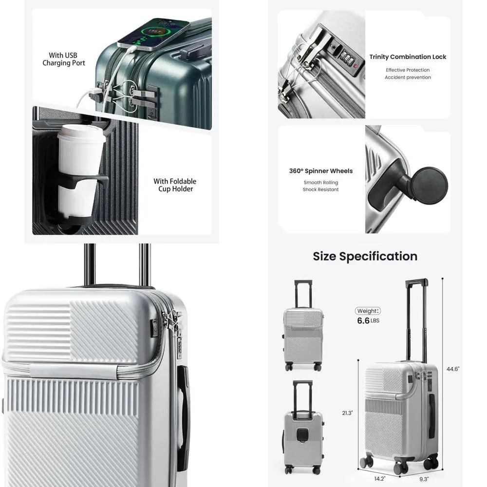 

Front-Opening 20 Lightweight Spinner Suitcase with USB & Cup Holder, ABS+PC Hardshell, Airline Approved, Silver