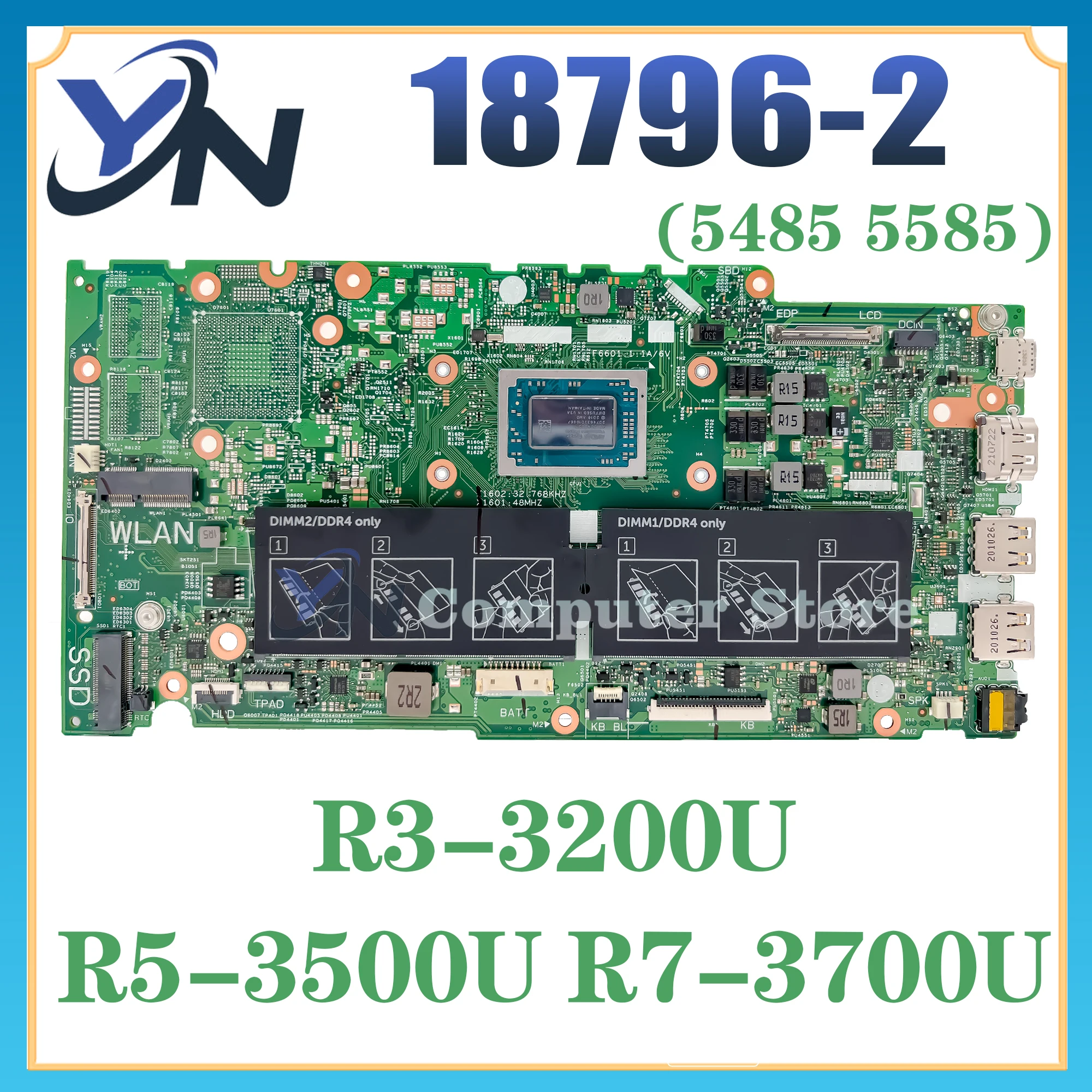 18796-2 Mainboard For Dell Inspiron 5585 5485 Laptop Motherboard With R5-3500 R7-3700 DDR4 MB UMA 100% Tested Fast Ship