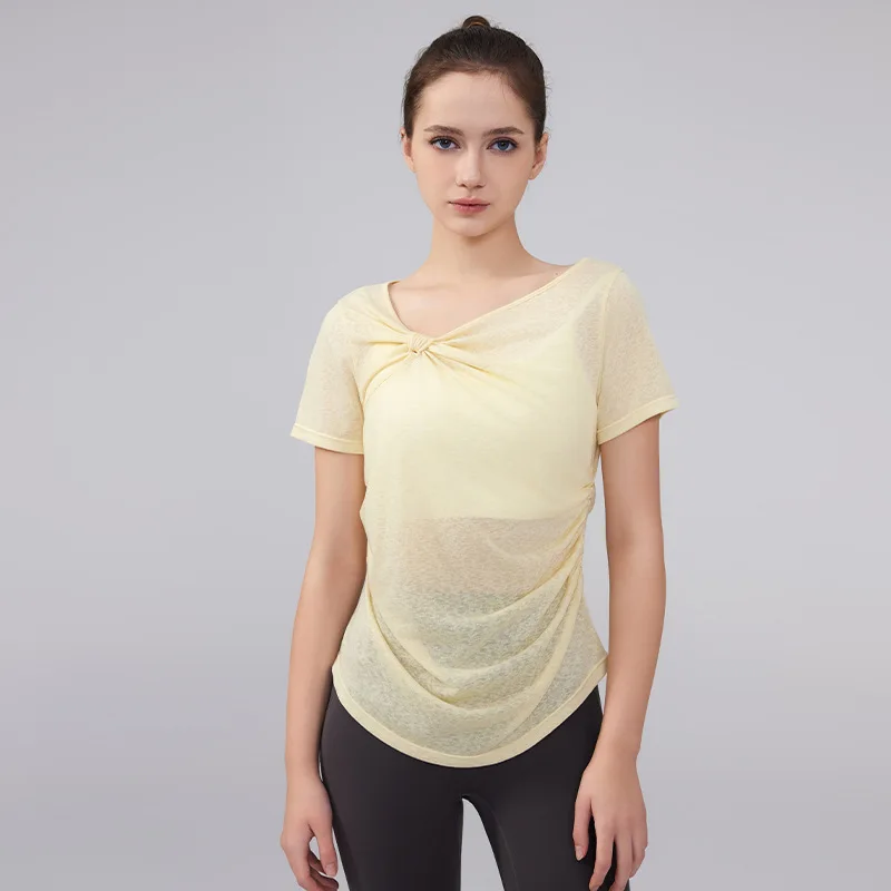 

Summer Women New Yoga Half Sleeve Irregular V Neck Light-minded Sports Pilates T-shirts Breathable Skin-friendly Gym Fitness Top