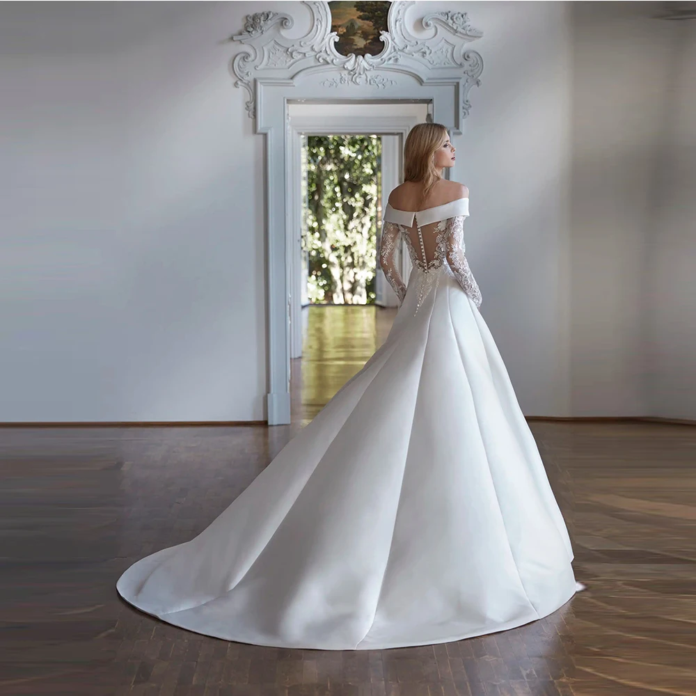 Customized Romantic Sequin Wedding Dress Off-the-Shoulder Long Sleeves Shiny Satin Bridal Gown Features Button Back Sweep Train