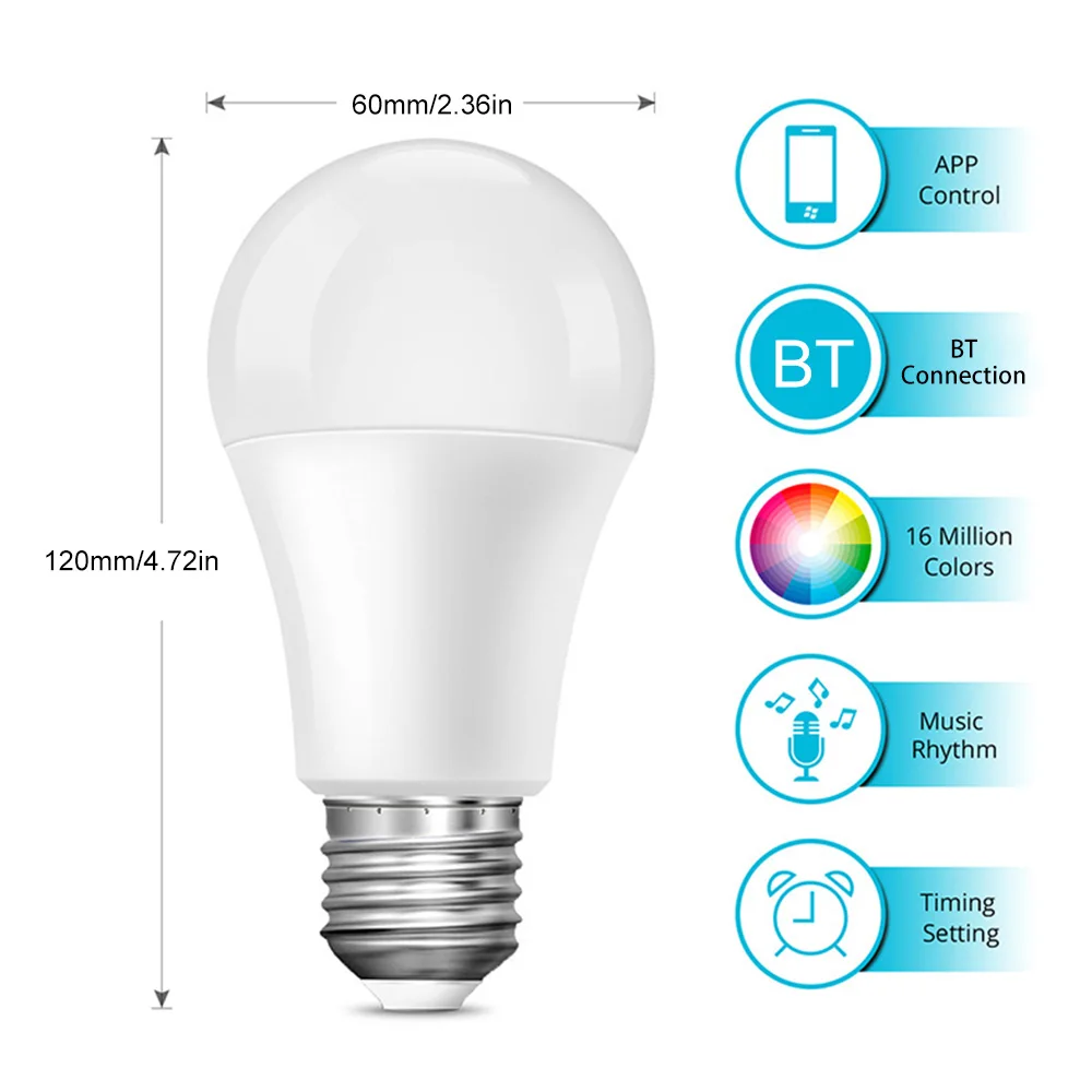 E27 Tuya Bluetooth Smart Bulb Dimmable RGB+CCT Color Change Lamp Smart Life APP Control LED Light Bulb Compatible IOS/Android