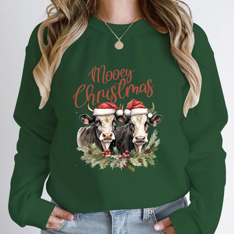 Cow Mooey Christmas Print Sweatshirts Autumn And Winter Long Sleeve Round Neck Casual Pullovers Women Loose Hoodless Sweatshirts