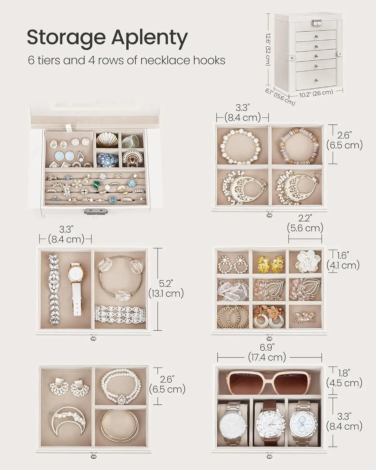 Joyero de 6 niveles, organizador de almacenamiento de joyas con 5 cajones, gran capacidad de almacenamiento, con espejo, con cerradura