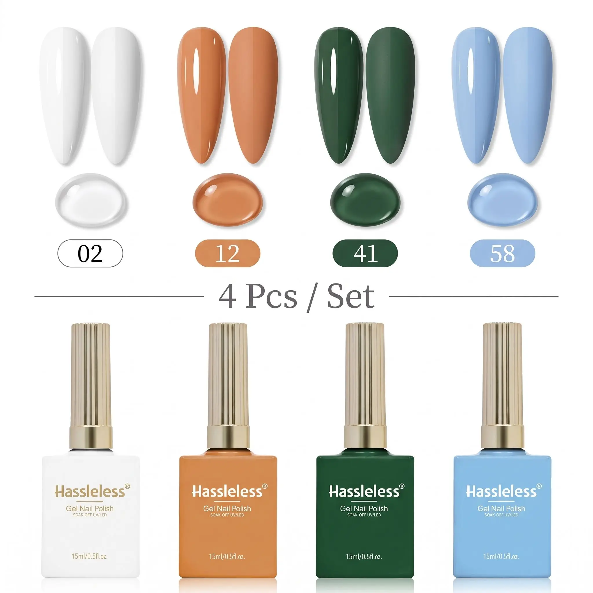 Hassleless 4Pcs Nail Polish Gel Set 15ml Uv Nail Polish Gel White Orange Dark Green Light Blue Solid Color Nail Polish Gel Long-Lasting and Wear-Resistant Nail Art DIY Set