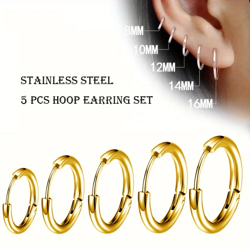 5 Pcs Men\'s Simple Stainless Steel Hoop Earrings, Unisex Earrings, Cartilage Piercings Jewelry