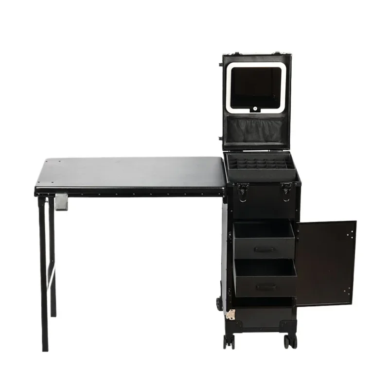 Portable Rolling Manicure Table Foldable Traveling Nail Desk W/Storage Makeup Train Case Cosmetic Trolley Case Nail Desk