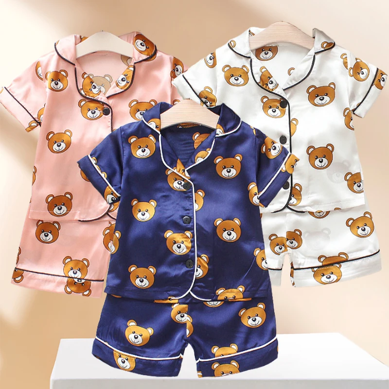 

Summer Cartoon Suit Boys Girls Casual Pajamas Suit for 0-4Years Baby Silk Short Sleeve Shorts Housewear Comfortable Home Clothes