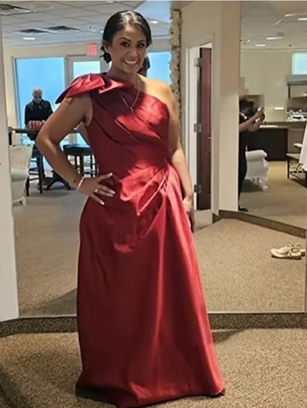 Women’s One Shoulder Prom Dresses Satin Mother of The Bride Dresses A Line Modest Formal Evening Gown with Bow