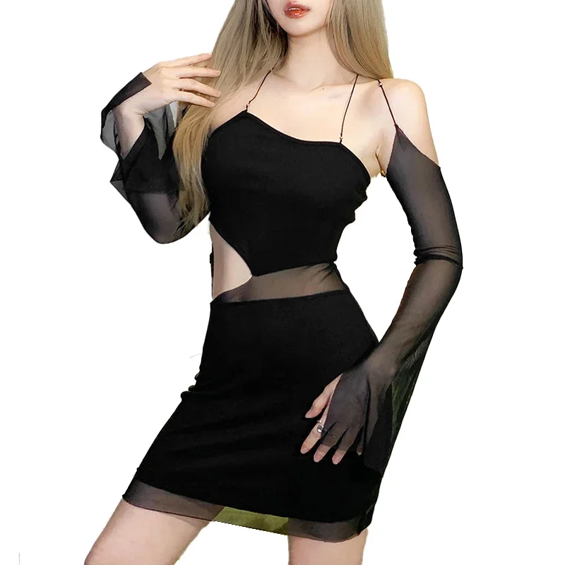 

Mesh Patchwork Sexy Mini Dress Spring Summer Long Sleeveless See Through Hollow Out Off Shoulder Short Dress for Women Vestidos