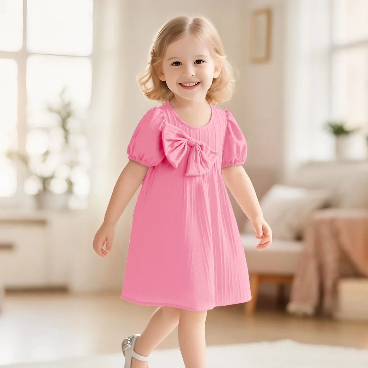 Somenie Summer Kids Girls Dress Loose A Line Silhouette Light Thin Pleated Breathable Fabric Daily Princess Outfit