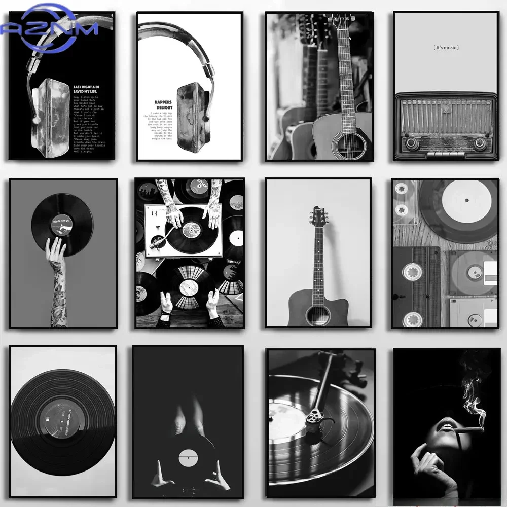 Lyrics Prints Music Studio Home Decor Vintage Canvas Painting Black White Music Vinyl Record Poster Wall Art Photo Headphone