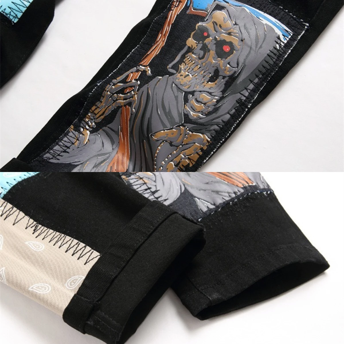 2023 Emblem Embroidered Jeans Spliced Small Foot Slim Fit Pants Men's Vintage Skull Head Elastic Hip Hop Motorcycle Style Cotton