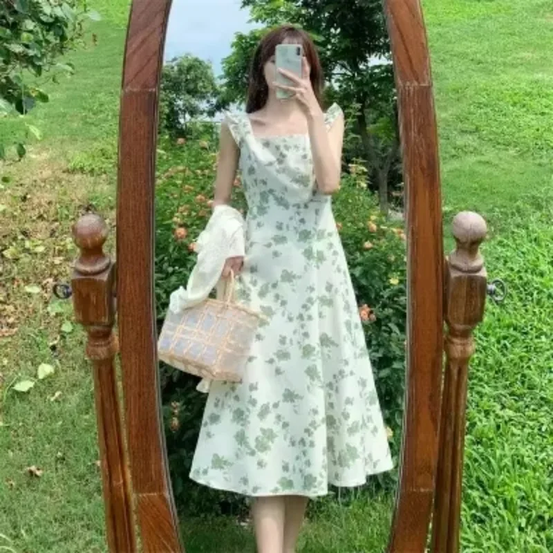 

Summer New Korean Style Square Collar Slim A- Line Long Dress For Women Fashion Sweet Small Flying Sleeve Flower Dress